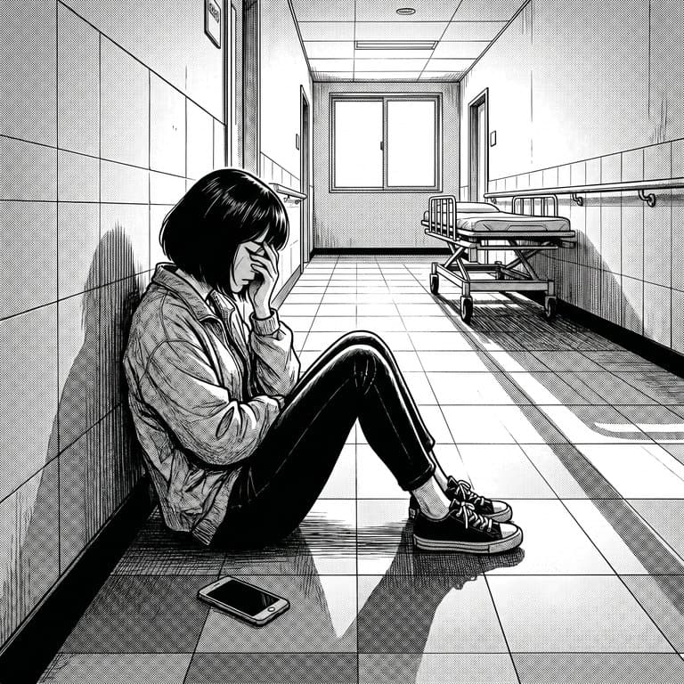 Hành lang bệnh viện, người vợ ngồi gục bên tường