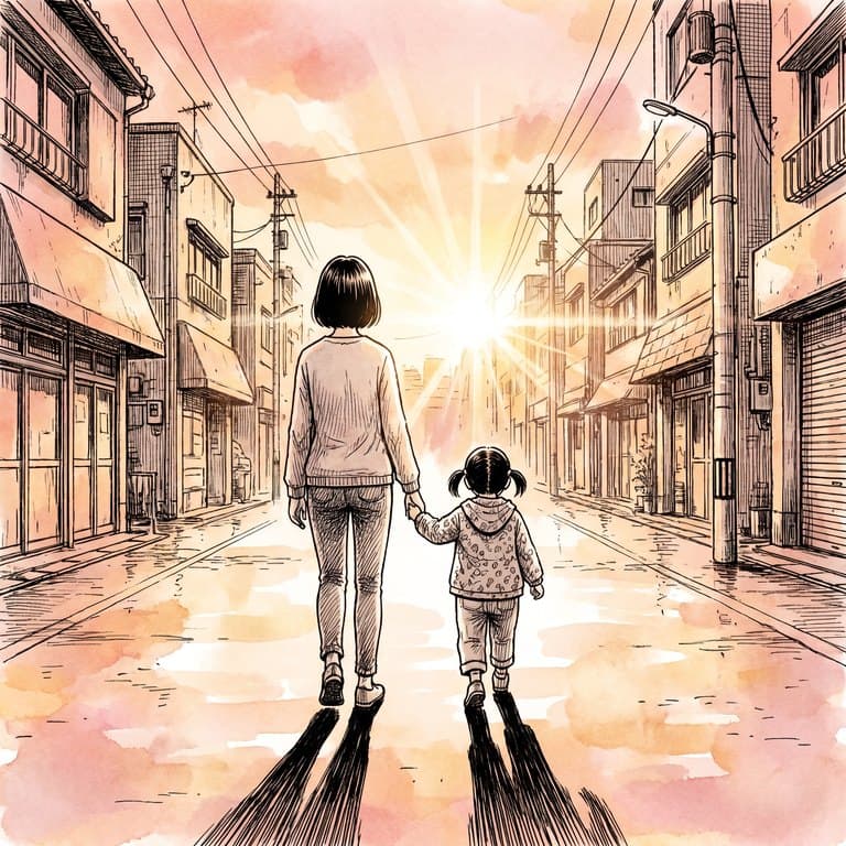 Bình minh, mẹ nắm tay con gái bước về phía trước